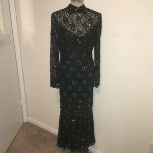 Vintage 80s La Tierra Black Lace, Bead Sequin Formal Dress M Wednesday Morticia
